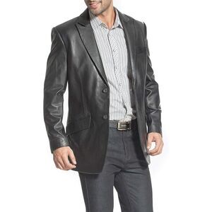 BGSD Mens Leo 2-Button Lambskin Leather Blazer Sport Coat Jacket Large black